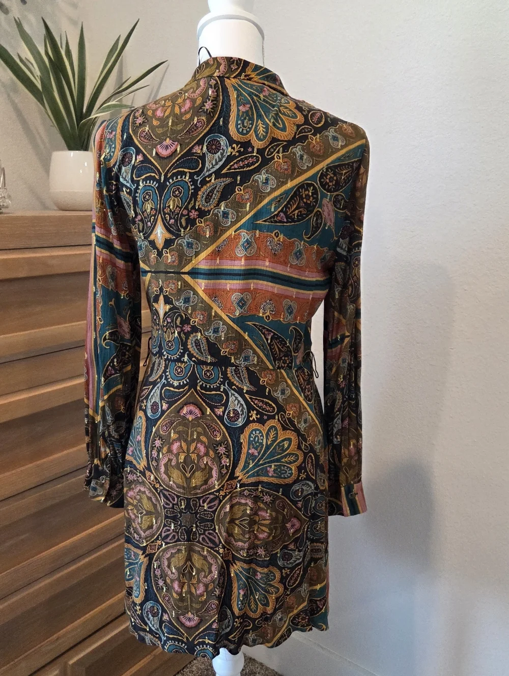 Zara Paisley Print Shirt Dress Size‎ Small Button Up Long Sleeve Tunic Boho